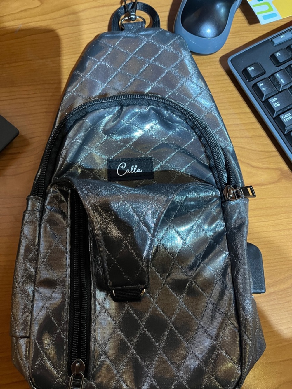 Quilted Metallic Sling Backpack - Gunmetal